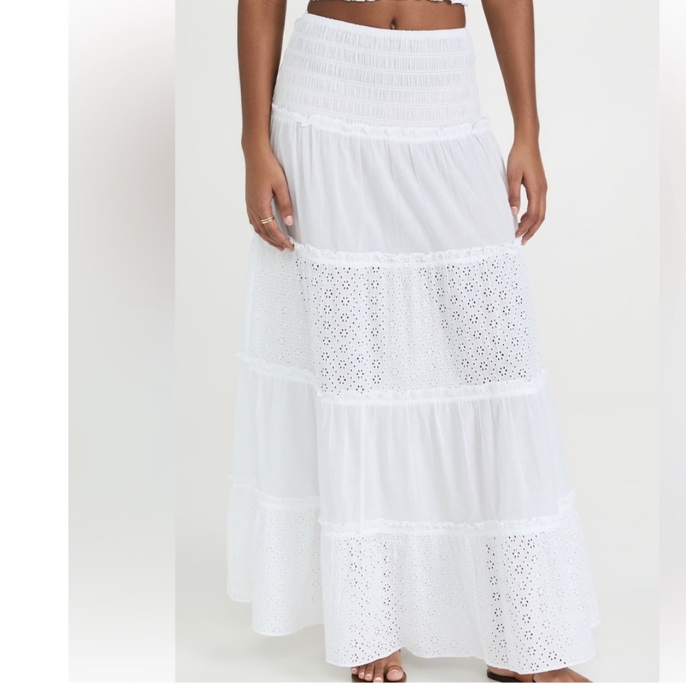 Playa Lucila Smocked maxi Skirt White Cotton Eyelet Small